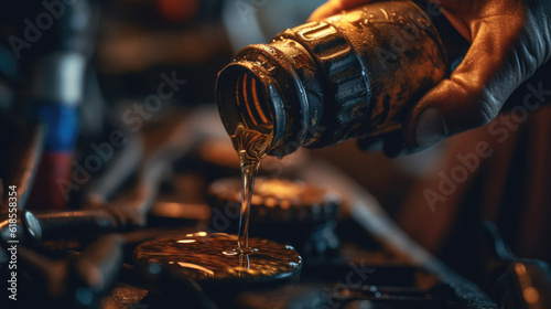 Close-up of car engine oil pouring