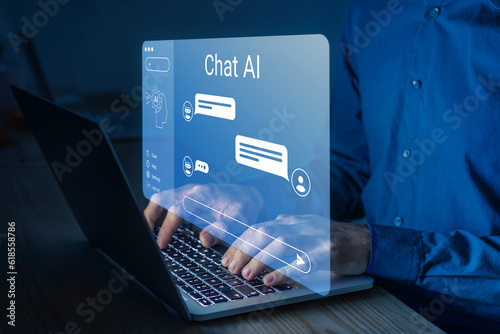 Obraz na płótnie AI chat bot conversation using artificial intelligence technology to answer user. Chatbot virtual assistant, generative AI, customer support. Person typing prompt on laptop. Chat interface. w salonie