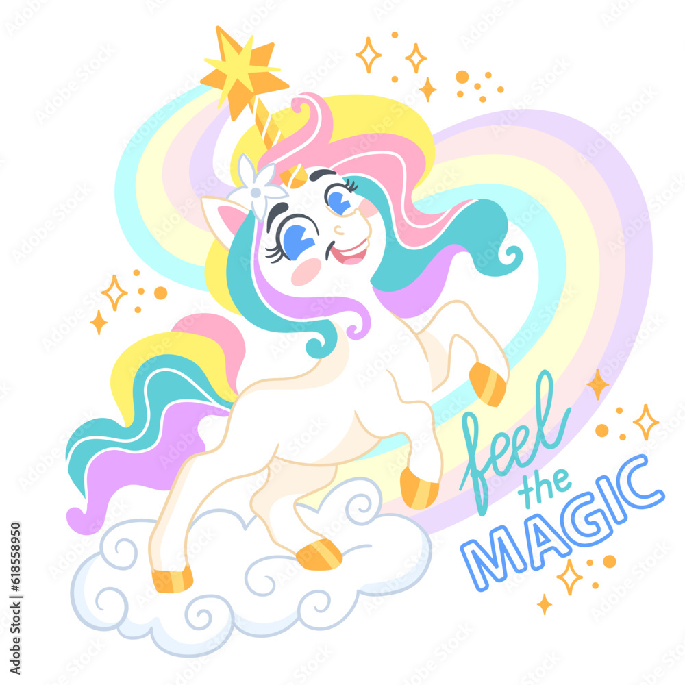 Cute cartoon character magic unicorn with a rainbow