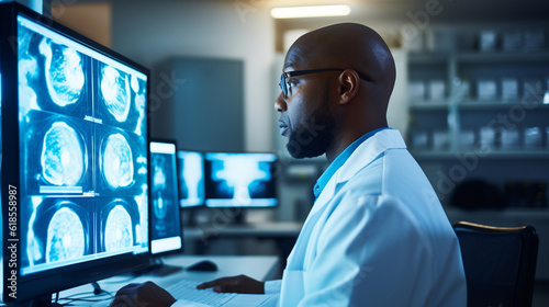 A radiologist examining a digital image of a patient's body scan on a high-resolution monitor in a nuclear medicine department Generative AI photo