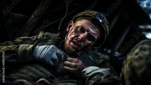 A military medic administering emergency medical treatment to a wounded soldier on the battlefield Generative AI