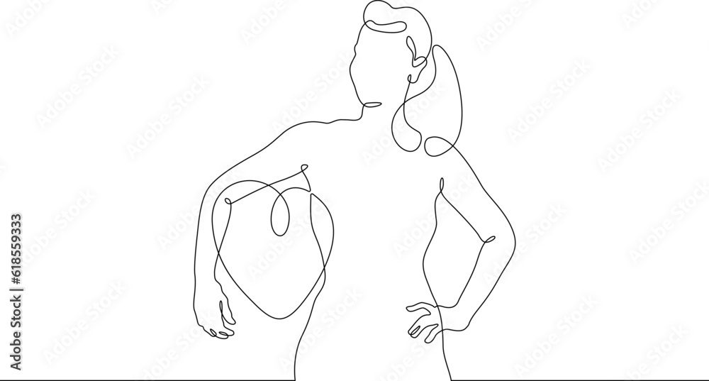 A woman is holding a heart. A girl with a big heart. One continuous line. Linear.One continuous line drawn isolated, white background.