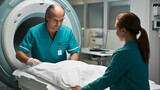A nuclear medicine technologist preparing a patient for a PET/CT scan, ensuring accurate positioning for precise imaging Generative AI