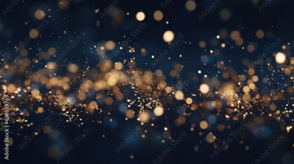 Abstract background with Dark blue and gold particle. Christmas Golden light shine particles bokeh on navy blue background. Gold foil texture. Holiday concept. Generative AI