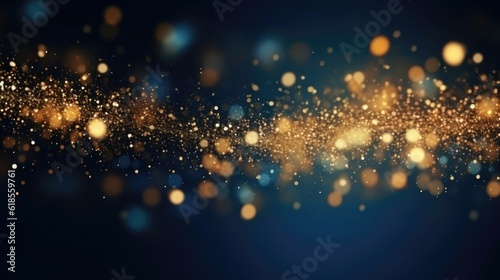 Abstract background with Dark blue and gold particle. Christmas Golden light shine particles bokeh on navy blue background. Gold foil texture. Holiday concept. Generative AI