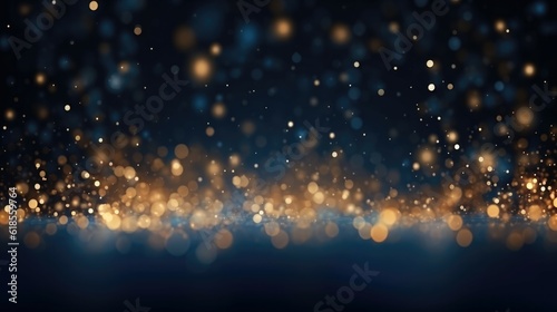 Abstract background with Dark blue and gold particle. Christmas Golden light shine particles bokeh on navy blue background. Gold foil texture. Holiday concept. Generative AI © Kanisorn