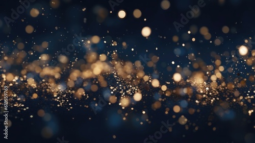 Abstract background with Dark blue and gold particle. Christmas Golden light shine particles bokeh on navy blue background. Gold foil texture. Holiday concept. Generative AI