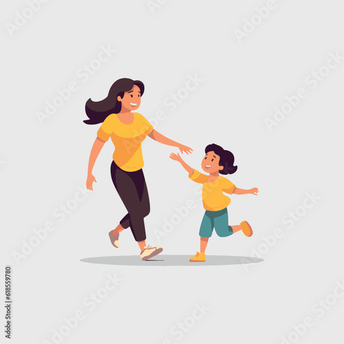 vector illustration, mother and son playing running