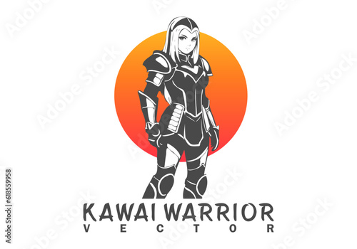 Vector monochrome cute beautiful kawaii girl warrior in armor on sunset background. White isolated background.
