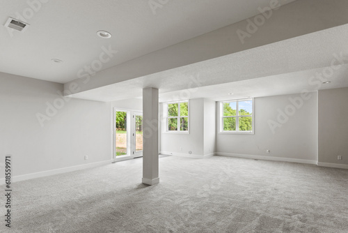 empty room with a window in finished basement with carpet