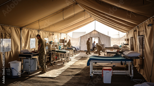 A military field hospital with tents and medical personnel  ready to provide comprehensive medical support in challenging environments Generative AI