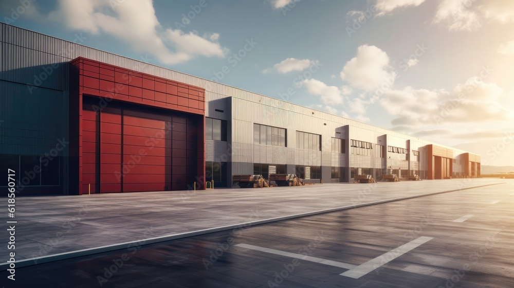 Factory industrial structure. Roller doors, roller shutters provide protection. Generative AI Factory industrial structure. Roller doors, roller shutters provide protection. Generative AI