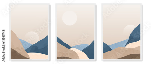 Blue mountain picture set, background vector. Oriental luxury landscape background design with watercolor brush texture. Wallpaper design, for wall decor, printing, prints, for home decor and posters.