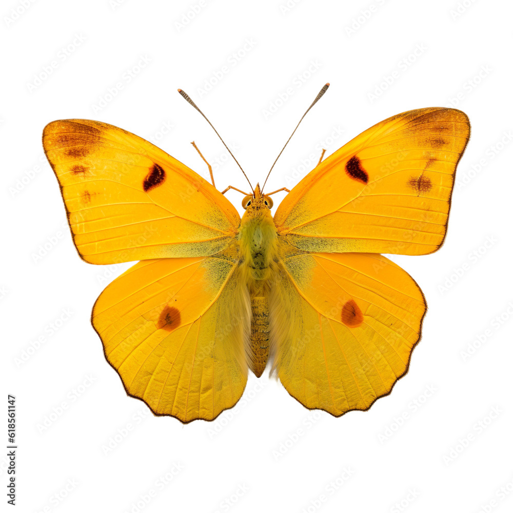 Fototapeta premium Front view of Orange-barred sulphur butterfly isolated on white transparent background