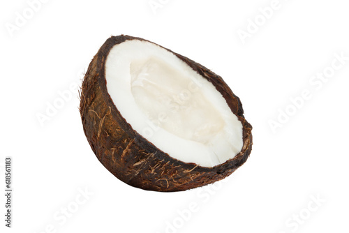 Half a coconut in a coconut shell on a white background.