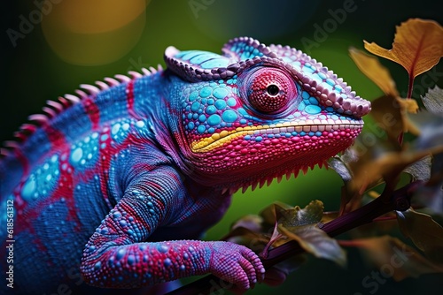 Colorful chameleon on a branch  a creative concept of adaptation and transformation. Generative AI