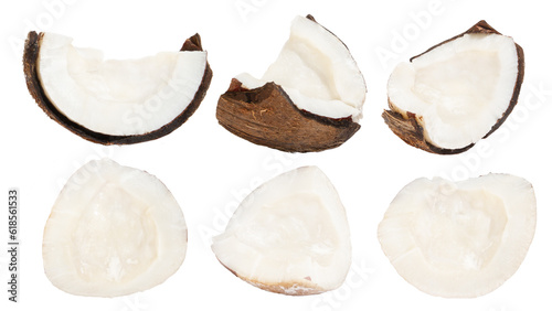 Set of whole coconuts and pieces of coconut on a white background.