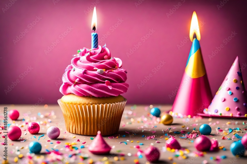 Birthday Background with Pink Birthday Cupcake and Candle, Birthday Gift and Party Hat, Copy Space Generative AI