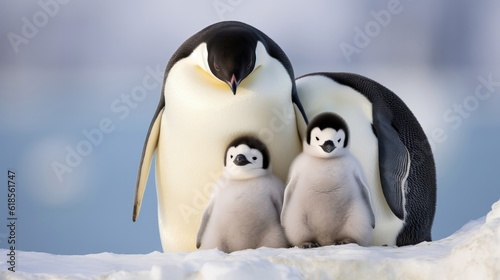 Penguin family in the snow. Generative AI