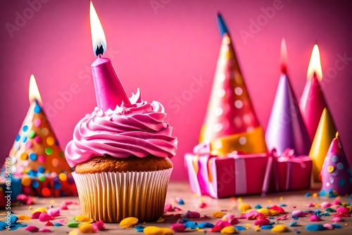 Birthday Background with Pink Birthday Cupcake and Candle  Birthday Gift and Party Hat  Copy Space Generative AI