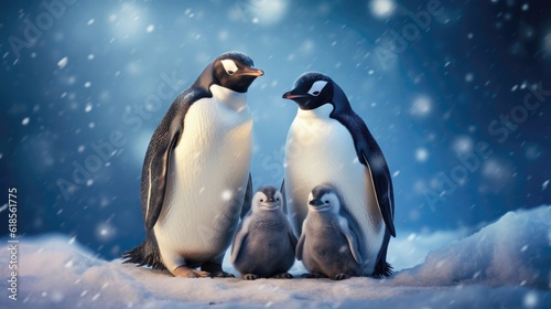 Penguin family in the snow. Generative AI © Kanisorn