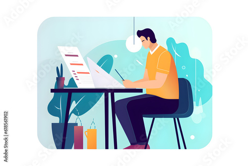 Flat vector illustration lekarz siedz cy przy biurku obok laptopa