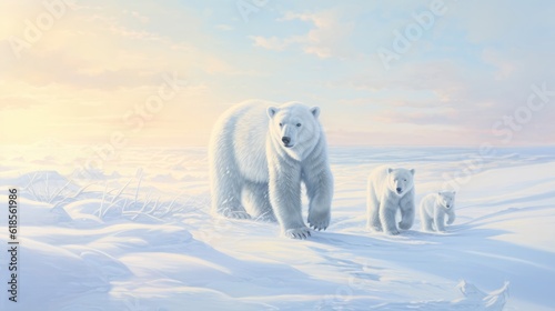 Polar bear family in the snow. Generative AI