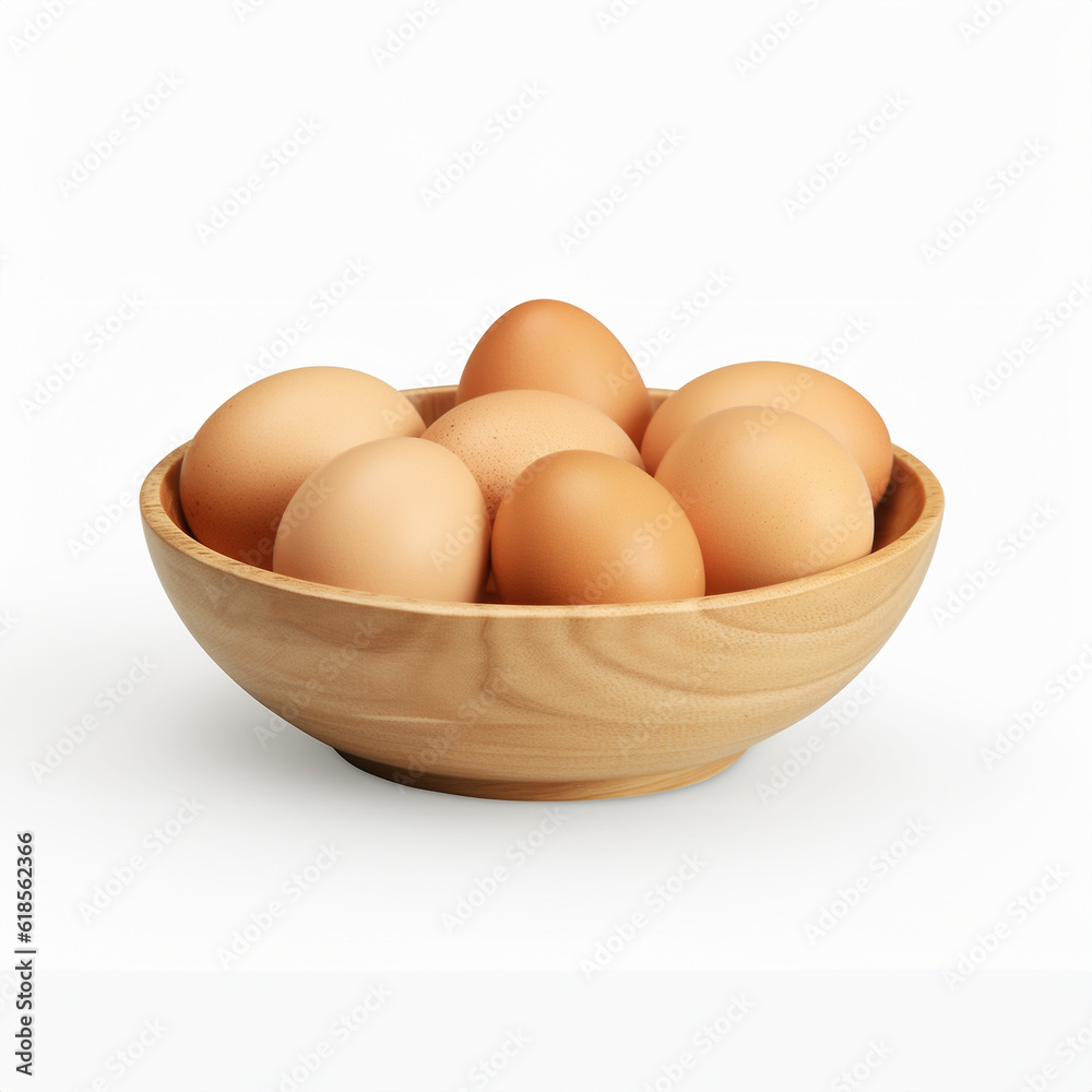 Frische Eier in der Holzschale Nahaufnahme, ai generativ Frische Eier in der Holzschale Nahaufnahme, ai generativ