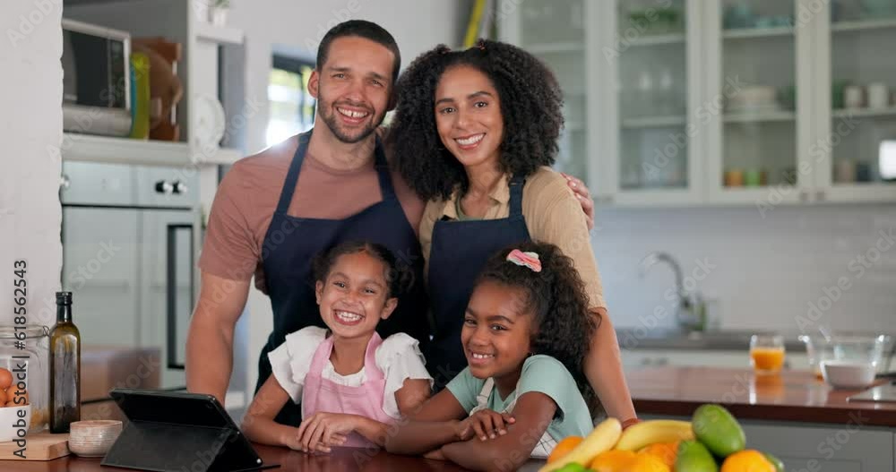 Family, cooking in the kitchen and parents with their kids in the home together to prepare a food meal. Portrait, love and children with their mother and father bonding while making lunch or supper Family, cooking in the kitchen and parents with their kids in the home together to prepare a food meal. Portrait, love and children with their mother and father bonding while making lunch or supper