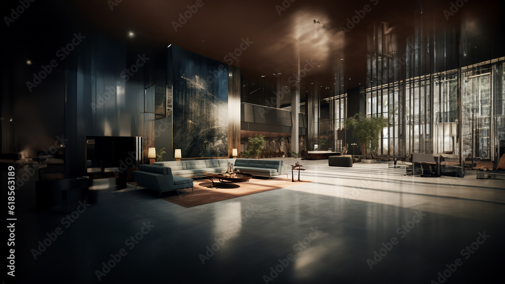 Eine Luxushotellobby mit Möbeln und einem großen Fenster, Generative AI Eine Luxushotellobby mit Möbeln und einem großen Fenster, Generative AI