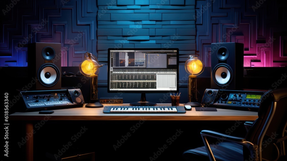 Fototapeta premium Audio workplace,recording studio,computer music studio. 3d rendering