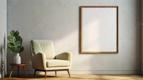 Blank picture frame mockup interior with armchair.3d rendering