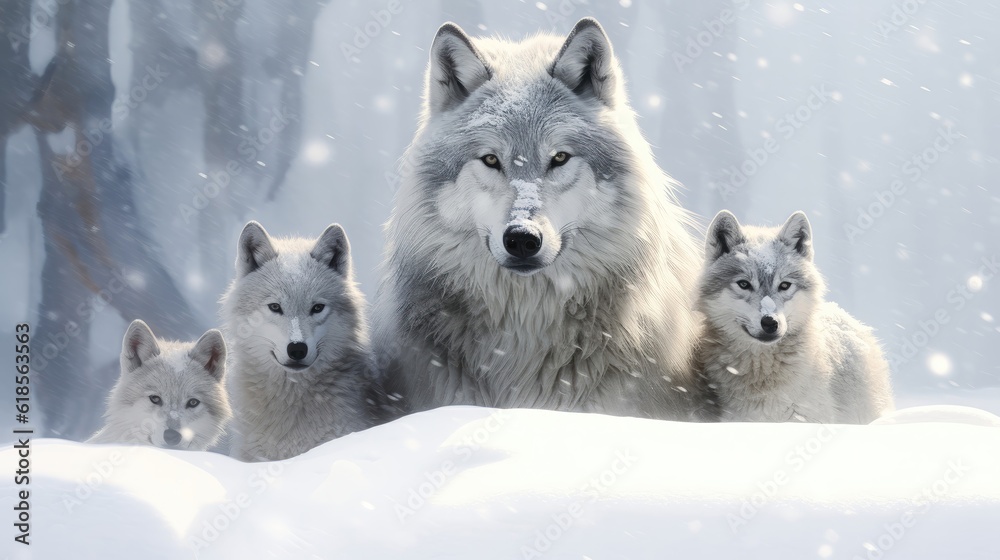 Fototapeta premium Wolf family in the snow. Generative AI