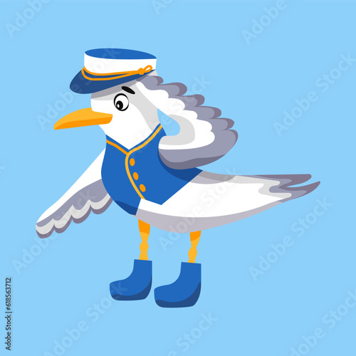 Seagull mascott in cartoon drawing style, character vector design. A bird dressed as a captain salutes with a wing. Cute sailor  photo