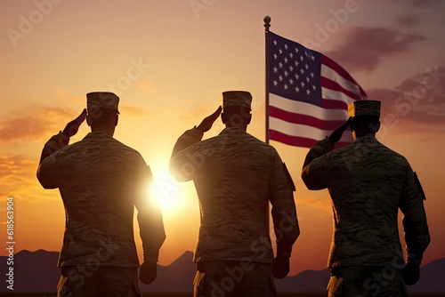 Silhouettes of army soldiers with USA flag. Greeting card for Veterans Day.AI generated