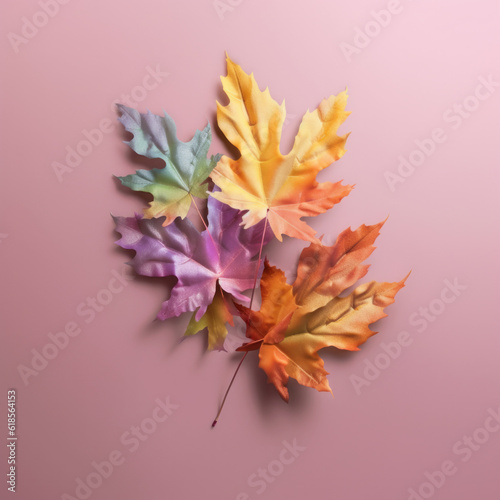 A maple leafs in autumn colors on a pink background. Generative AI