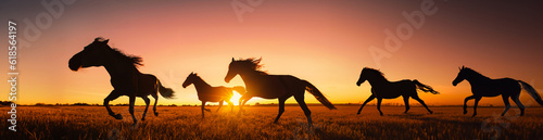silhouette of wild horses running in the plain at sunset. Generative AI