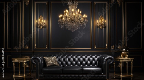 Classic black and gold interior with black leather sofa,chandelier,mouldings.3d rendering © Eli Berr