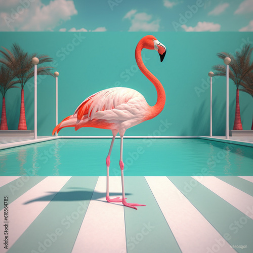 A flamingo standing in a pool on a sunny day. Generative AI