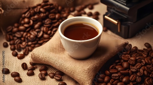 Mug filled with coffee surrounded by coffee beans. Coffee cup and a coffee beans on burlap background.