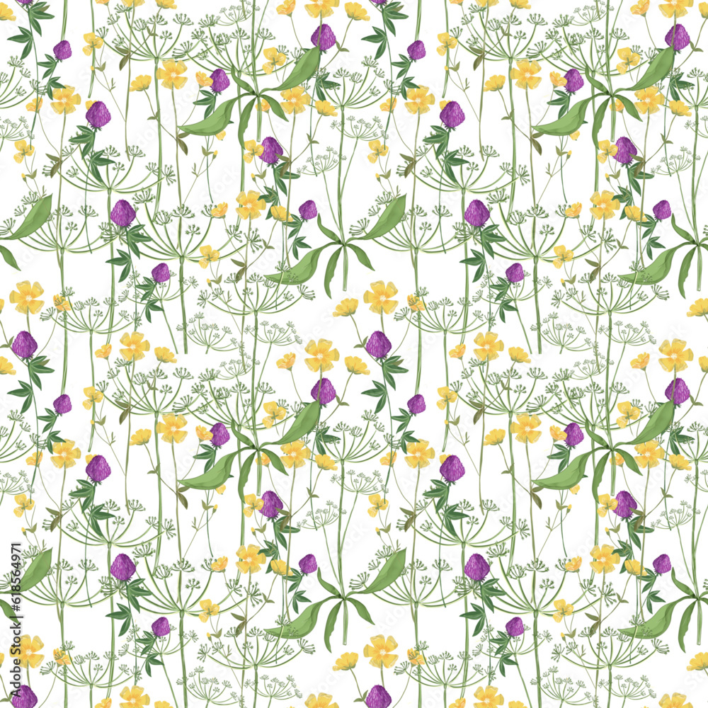 Trendy seamless botanical meadow flowers print. Floral seamless ornament of grass meadows. Botanical  Aerial flora pattern with meadow herbs and medium-sized flowers, thin stems, graceful fragile