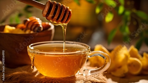 Honey dripping from a wooden honey dipper into a cup of tea