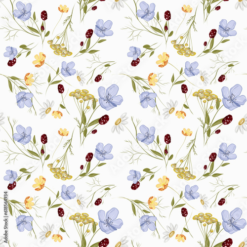 Trendy seamless floral textile print. Aerial flora pattern. Botanical print with meadow herbs and medium-sized flowers, thin stems, graceful fragile, loose pattern.Natural colors. Vector, hand drawing