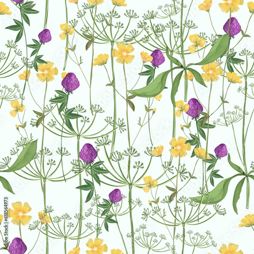 Trendy seamless botanical meadow flowers print. Floral seamless ornament of grass meadows. Botanical Aerial flora pattern with meadow herbs and medium-sized flowers, thin stems, graceful fragile