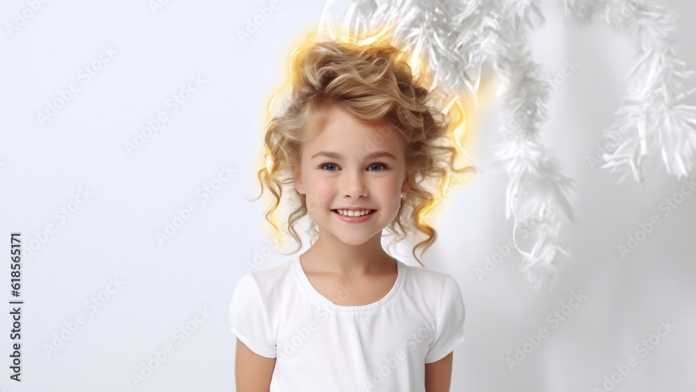 Hübsches kleines blondes Mädchen mit Locken in weiß und hellen Hintergrund lacht Porträt, ai, generativ Hübsches kleines blondes Mädchen mit Locken in weiß und hellen Hintergrund lacht Porträt, ai, generativ