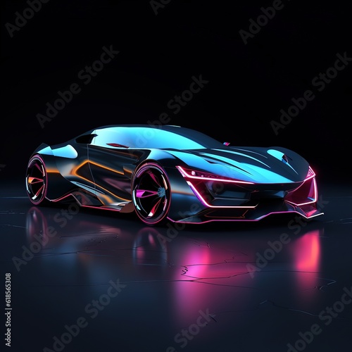 Modern car stands at night in neon lights, side view. Sports car, futuristic autonomous vehicle. HUD car