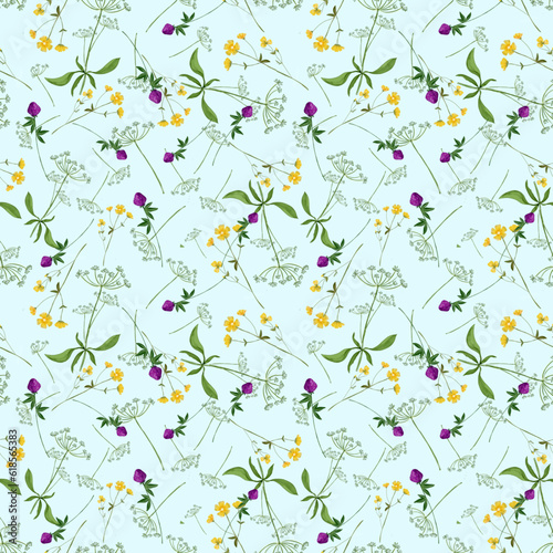 Trendy seamless floral textile print. Aerial flora pattern. Botanical print with meadow herbs and small-sized flowers, thin stems, graceful fragile, loose pattern.
Pattern for linen bed. Vector