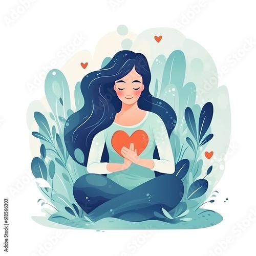 Woman with hand on kind heart, feeling self love, positive emotion. Charity and volunteering activity concept. A happy woman hugs her knees. Illustration of International Women's Day