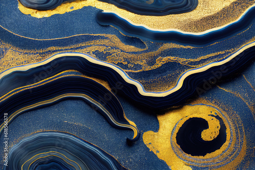 Blue and golden acrylic liquid ink swirl abstract background with ravishing turbulence wavy pattern and detailed texture. Luxury fluid liquid art by Generative AI.