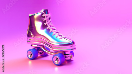 A roller skate with holographic color on a pink pastel background. Generative AI